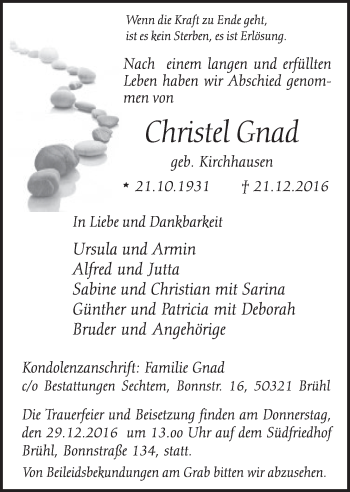 Anzeige von Christel Gnad von  Schlossbote/Werbekurier 