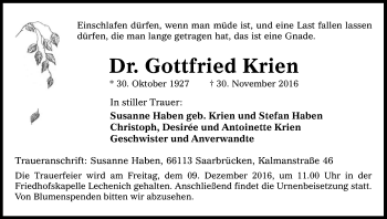 Anzeige von Gottfried Krien von Kölner Stadt-Anzeiger / Kölnische Rundschau / Express