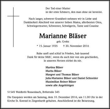 Anzeige von Marianne Bläser von Kölner Stadt-Anzeiger / Kölnische Rundschau / Express