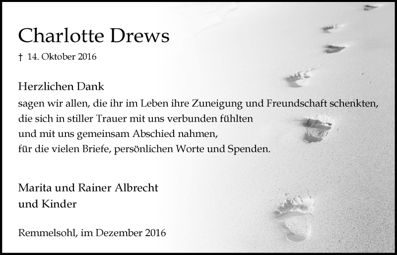  Traueranzeige für Charlotte Drews vom 07.12.2016 aus  Anzeigen Echo 