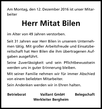 Anzeige von Mitat Bilen von Kölner Stadt-Anzeiger / Kölnische Rundschau / Express