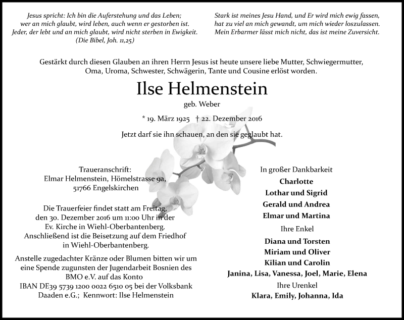  Traueranzeige für Ilse Helmenstein vom 24.12.2016 aus Kölner Stadt-Anzeiger / Kölnische Rundschau / Express