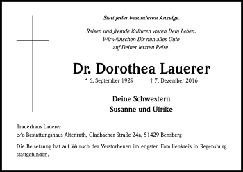 Anzeige von Dorothea Lauerer von Kölner Stadt-Anzeiger / Kölnische Rundschau / Express