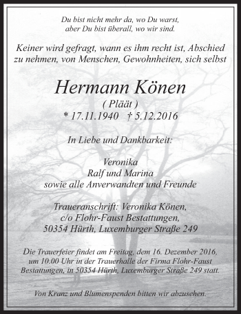 Anzeige von Hermann Könen von  Wochenende 