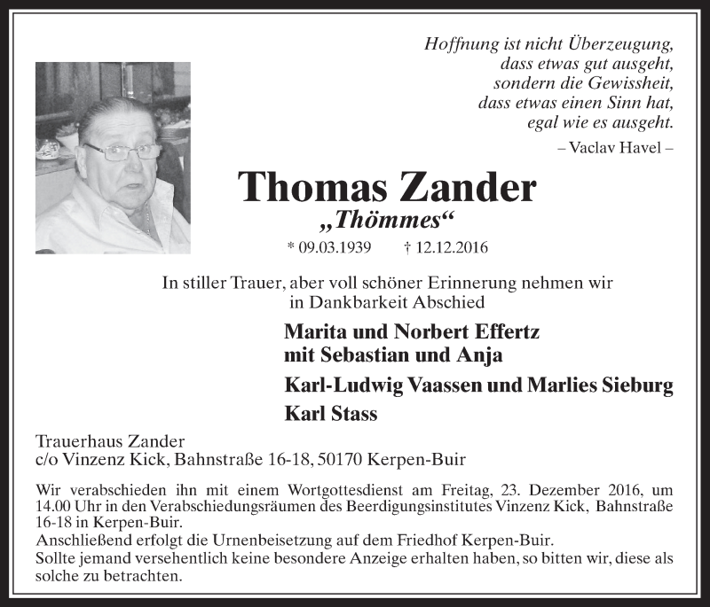  Traueranzeige für Thomas Zander vom 21.12.2016 aus  Werbepost 