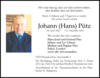 Anzeige von Johann Pütz von Kölner Stadt-Anzeiger / Kölnische Rundschau / Express