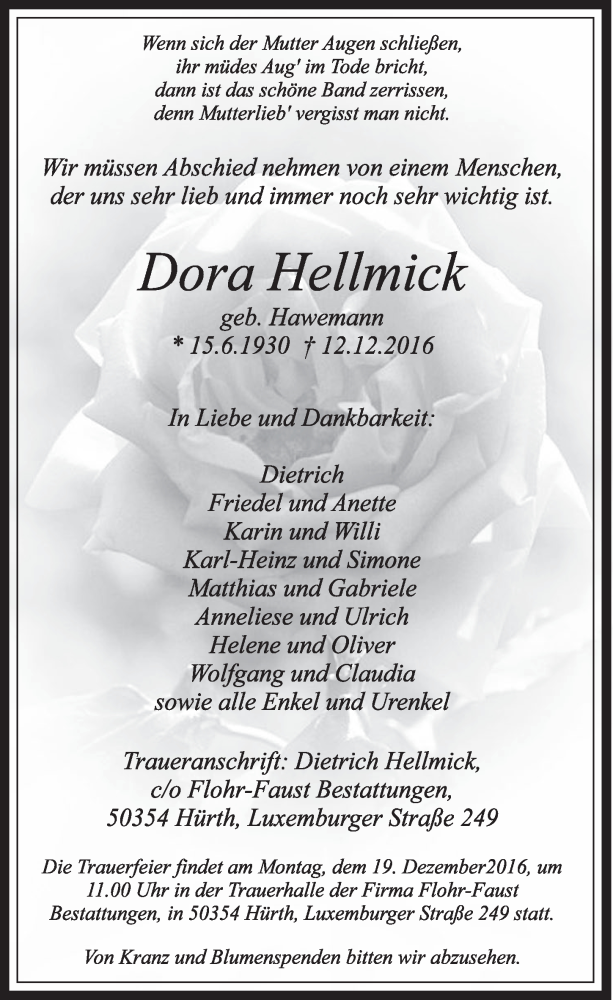  Traueranzeige für Dora Hellmick vom 17.12.2016 aus  Sonntags-Post 