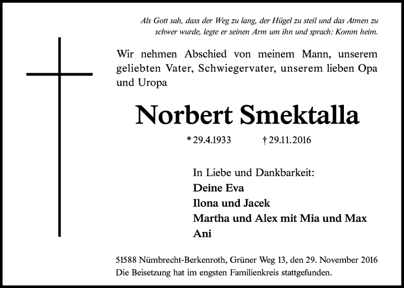  Traueranzeige für Norbert Smektalla vom 07.12.2016 aus  Lokalanzeiger 