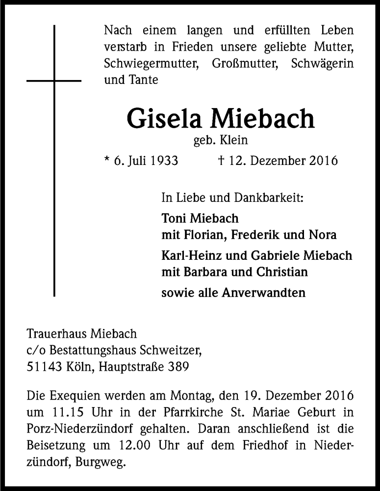  Traueranzeige für Gisela Miebach vom 14.12.2016 aus Kölner Stadt-Anzeiger / Kölnische Rundschau / Express