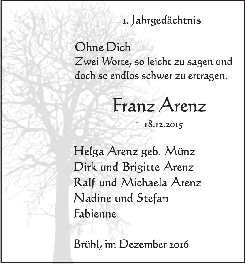  Traueranzeige für Franz Arenz vom 14.12.2016 aus  Schlossbote/Werbekurier 