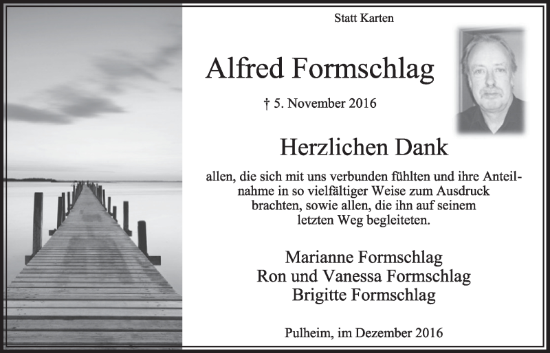  Traueranzeige für Alfred Formschlag vom 17.12.2016 aus  Sonntags-Post 