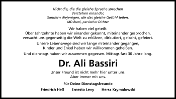 Anzeige von Ali Bassiri von Kölner Stadt-Anzeiger / Kölnische Rundschau / Express