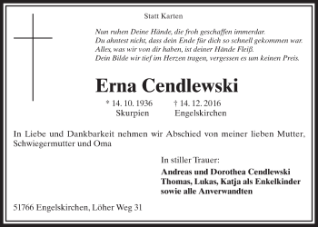 Anzeige von Erna Cendlewski von  Anzeigen Echo 
