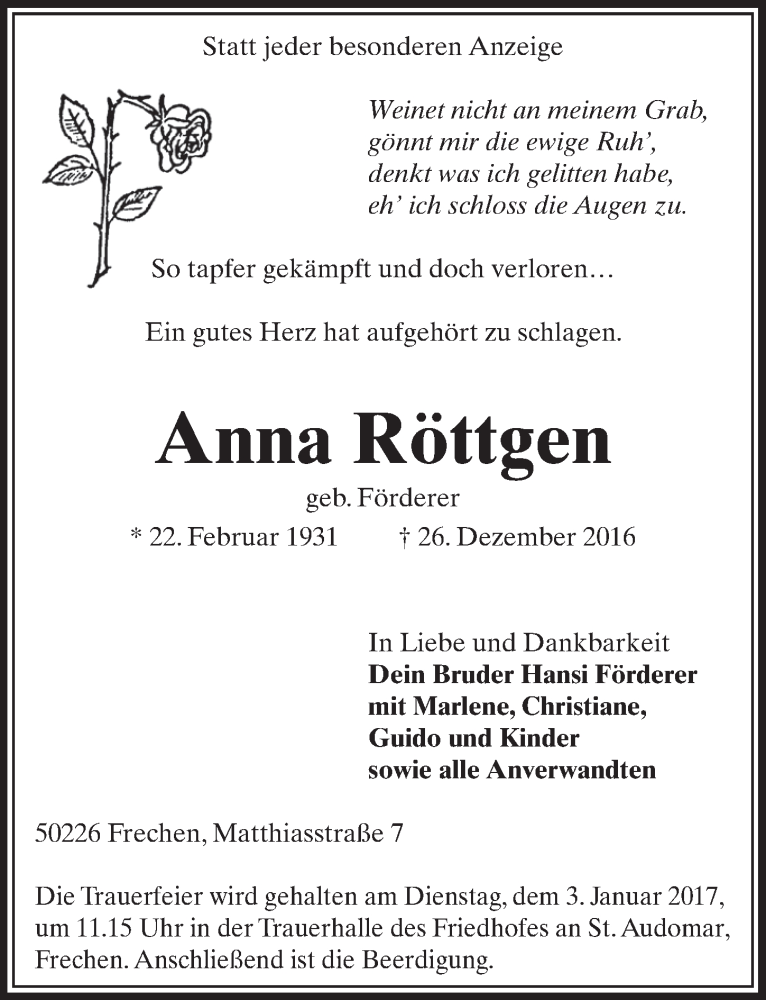  Traueranzeige für Anna Röttgen vom 31.12.2016 aus  Sonntags-Post 