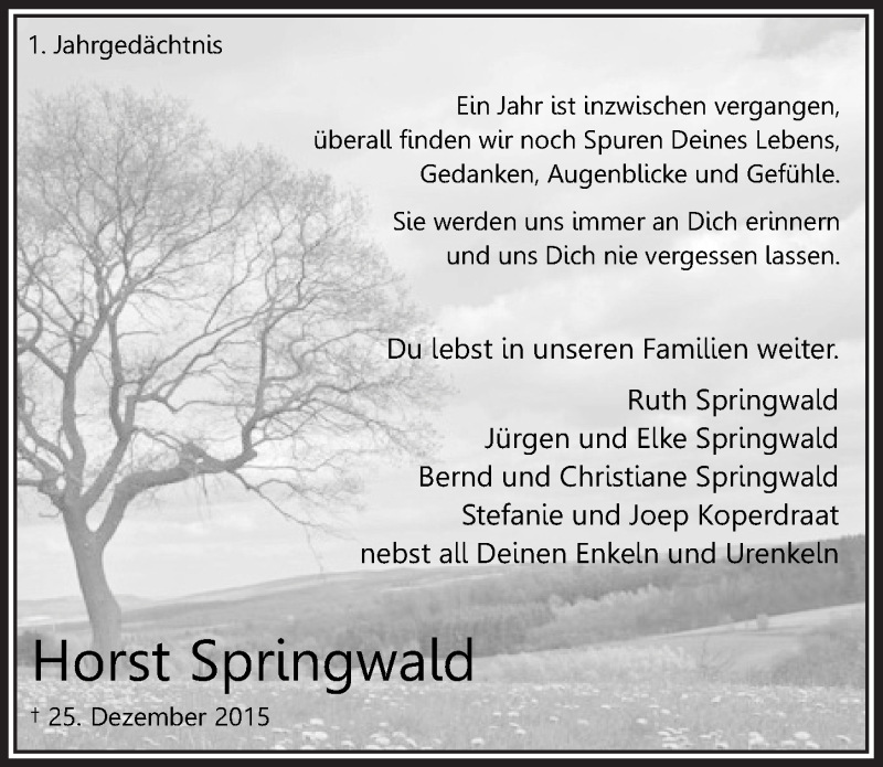  Traueranzeige für Horst Springwald vom 21.12.2016 aus  Bergisches Handelsblatt 