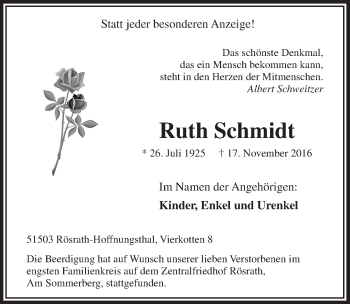 Anzeige von Ruth Schmidt von  Bergisches Handelsblatt 