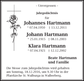 Anzeige von Johannes/Johann/Klara Hartmann von  Schlossbote/Werbekurier 
