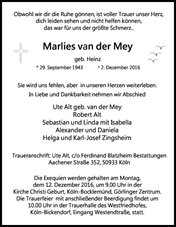 Anzeige von Marlies van der Mey von Kölner Stadt-Anzeiger / Kölnische Rundschau / Express