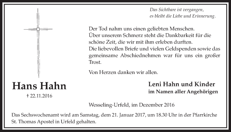  Traueranzeige für Hans Hahn vom 21.12.2016 aus  Schlossbote/Werbekurier 