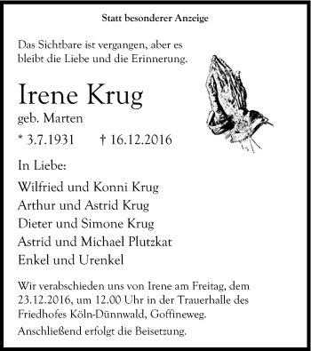 Anzeige von Irene Krug von Kölner Stadt-Anzeiger / Kölnische Rundschau / Express
