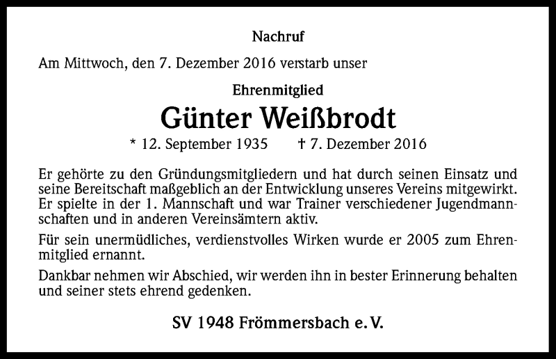  Traueranzeige für Günter Weißbrodt vom 13.12.2016 aus Kölner Stadt-Anzeiger / Kölnische Rundschau / Express