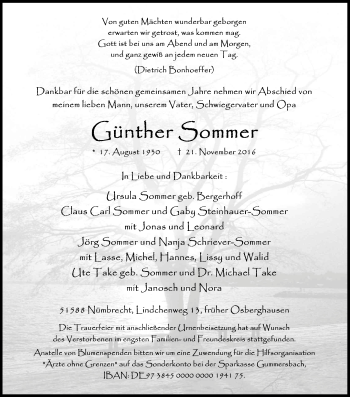 Anzeige von Günther Sommer von Kölner Stadt-Anzeiger / Kölnische Rundschau / Express
