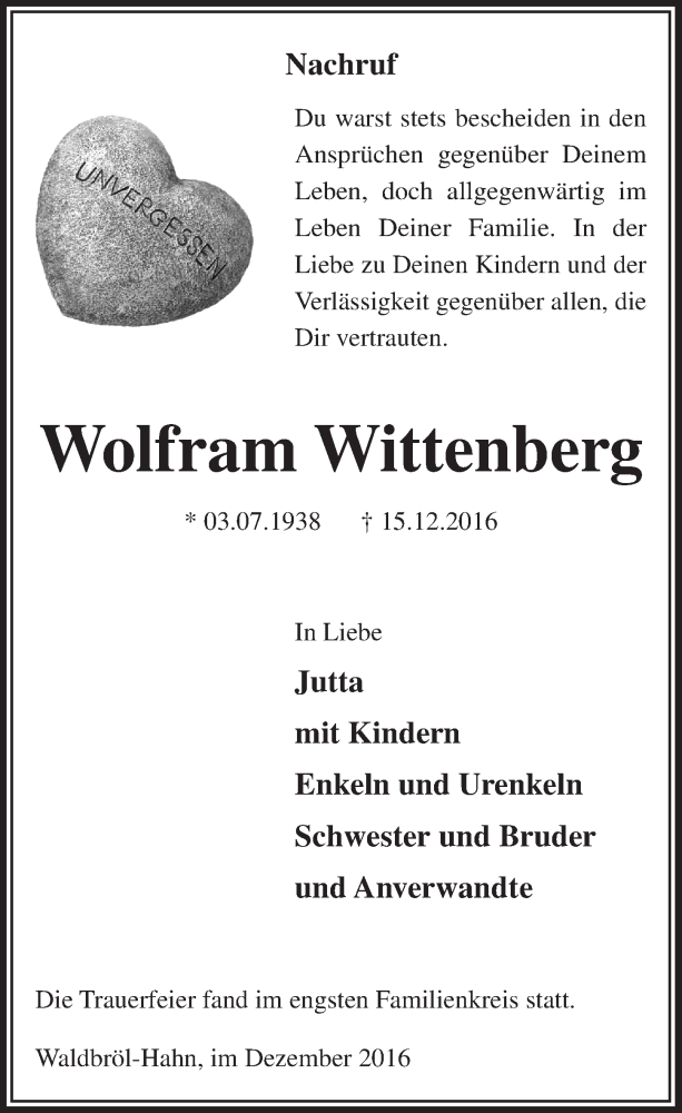  Traueranzeige für Wolfram Wittenberg vom 28.12.2016 aus  Lokalanzeiger 