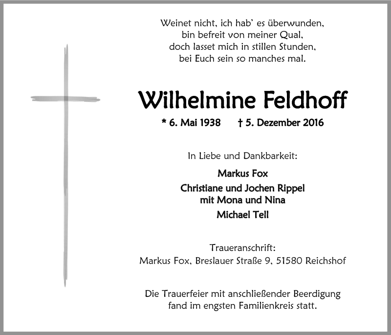  Traueranzeige für Wilhelmine Feldhoff vom 14.12.2016 aus  Anzeigen Echo 