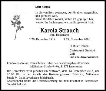 Anzeige von Karola Strauch von Kölner Stadt-Anzeiger / Kölnische Rundschau / Express