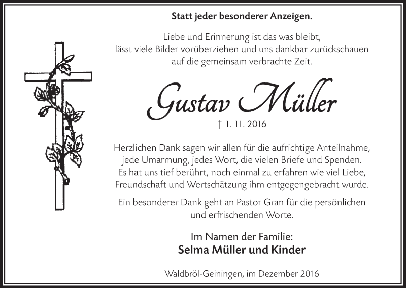  Traueranzeige für Gustav Müller vom 21.12.2016 aus  Lokalanzeiger 