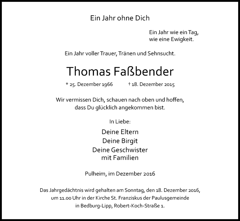  Traueranzeige für Thomas Faßbender vom 17.12.2016 aus Kölner Stadt-Anzeiger / Kölnische Rundschau / Express