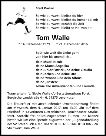 Anzeige von Tom Walle von Kölner Stadt-Anzeiger / Kölnische Rundschau / Express