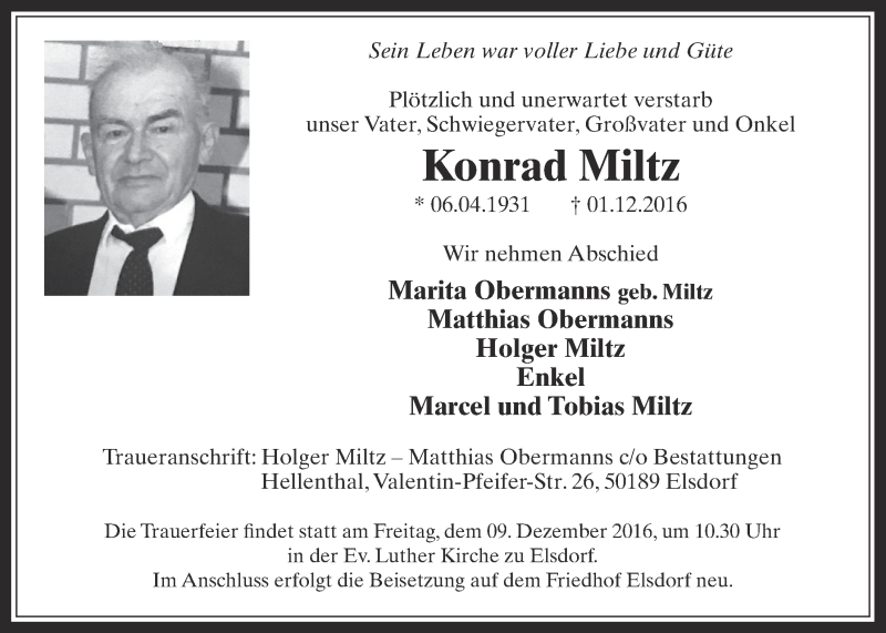  Traueranzeige für Konrad Miltz vom 07.12.2016 aus  Werbepost 