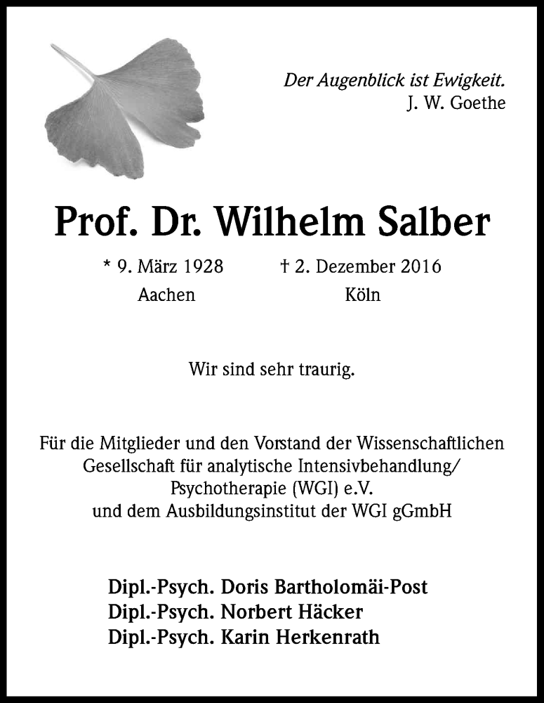  Traueranzeige für Wilhelm Salber vom 10.12.2016 aus Kölner Stadt-Anzeiger / Kölnische Rundschau / Express