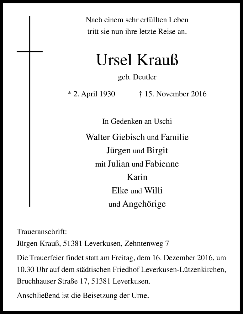  Traueranzeige für Ursel Krauß vom 03.12.2016 aus Kölner Stadt-Anzeiger / Kölnische Rundschau / Express