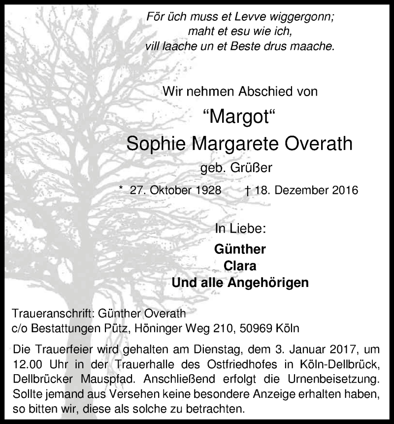 Traueranzeige für Sophie Margarete Overath vom 31.12.2016 aus Kölner Stadt-Anzeiger / Kölnische Rundschau / Express