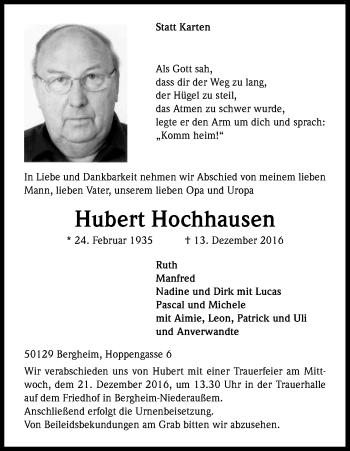 Anzeige von Hubert Hochhausen von Kölner Stadt-Anzeiger / Kölnische Rundschau / Express