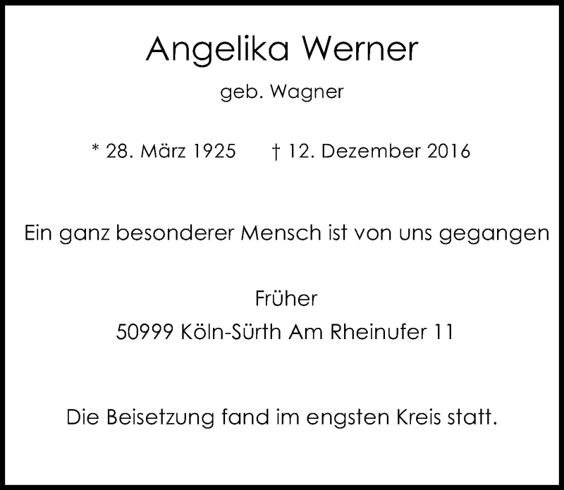  Traueranzeige für Angelika Werner vom 21.12.2016 aus  Kölner Wochenspiegel 