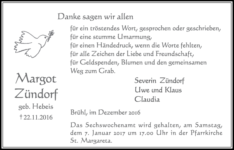  Traueranzeige für Margot Zündorf vom 28.12.2016 aus  Schlossbote/Werbekurier 