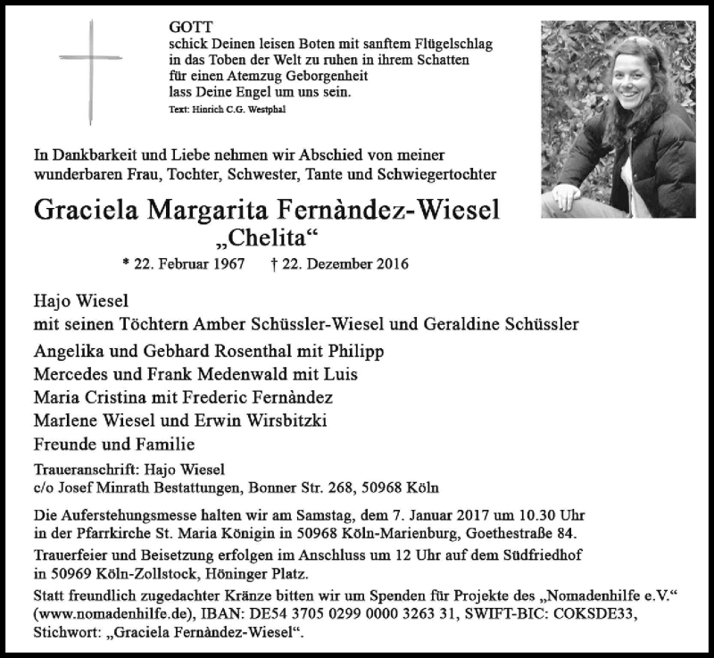  Traueranzeige für Graciela Fernàndez-Wiesel vom 31.12.2016 aus Kölner Stadt-Anzeiger / Kölnische Rundschau / Express