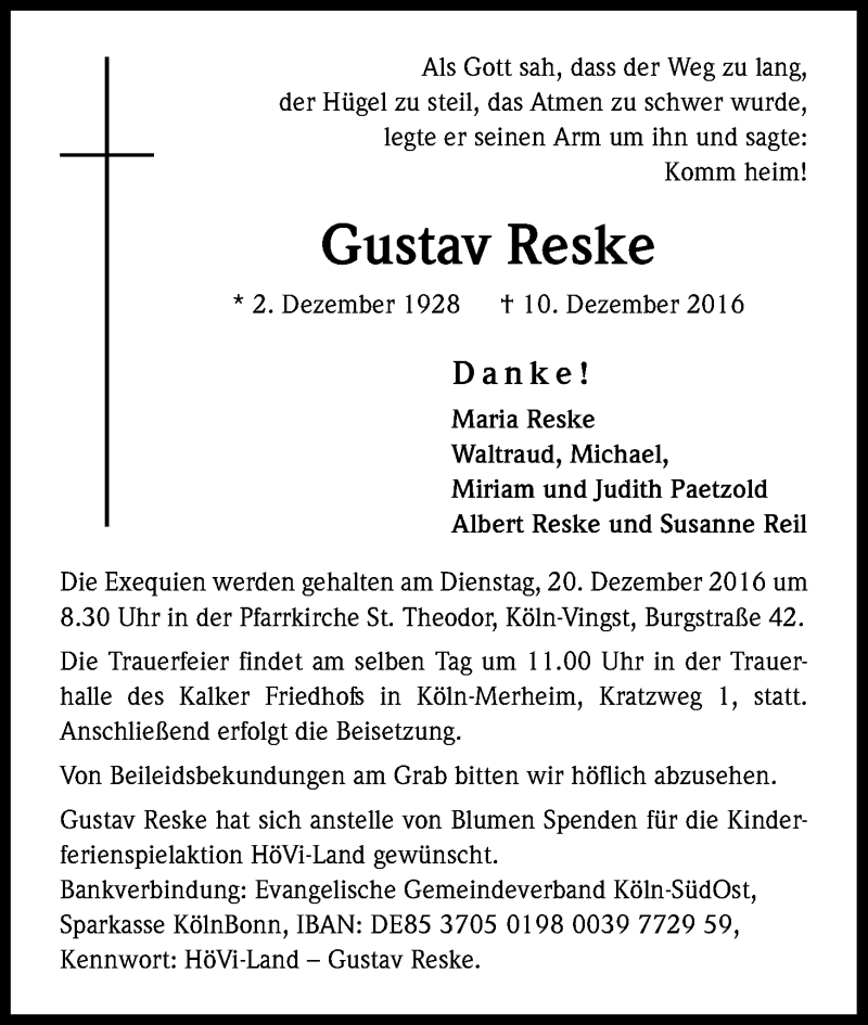  Traueranzeige für Gustav Reske vom 17.12.2016 aus Kölner Stadt-Anzeiger / Kölnische Rundschau / Express