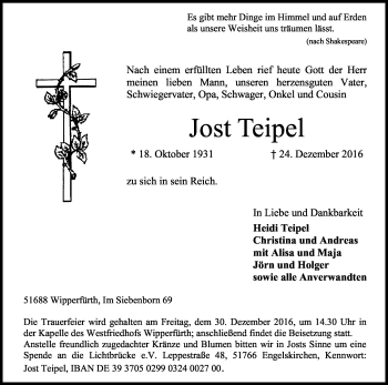 Anzeige von Jost Teipel von Kölner Stadt-Anzeiger / Kölnische Rundschau / Express