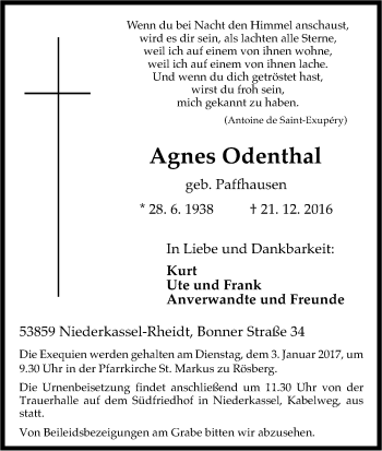 Anzeige von Agnes Odenthal von Kölner Stadt-Anzeiger / Kölnische Rundschau / Express