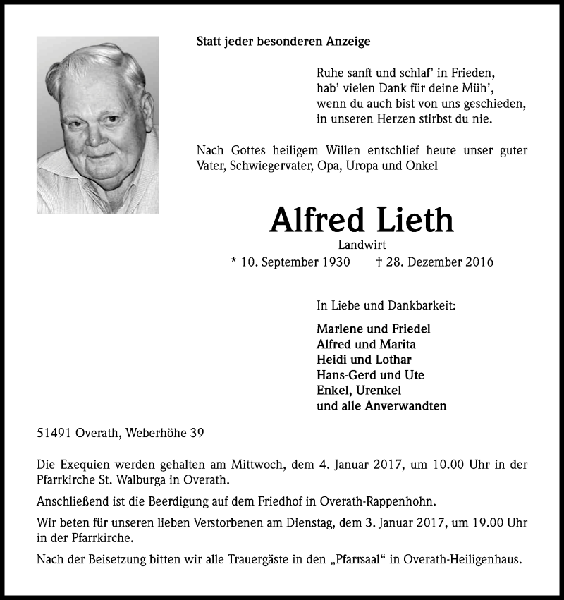  Traueranzeige für Alfred Lieth vom 31.12.2016 aus Kölner Stadt-Anzeiger / Kölnische Rundschau / Express