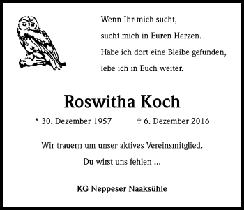 Anzeige von Roswitha Koch von Kölner Stadt-Anzeiger / Kölnische Rundschau / Express