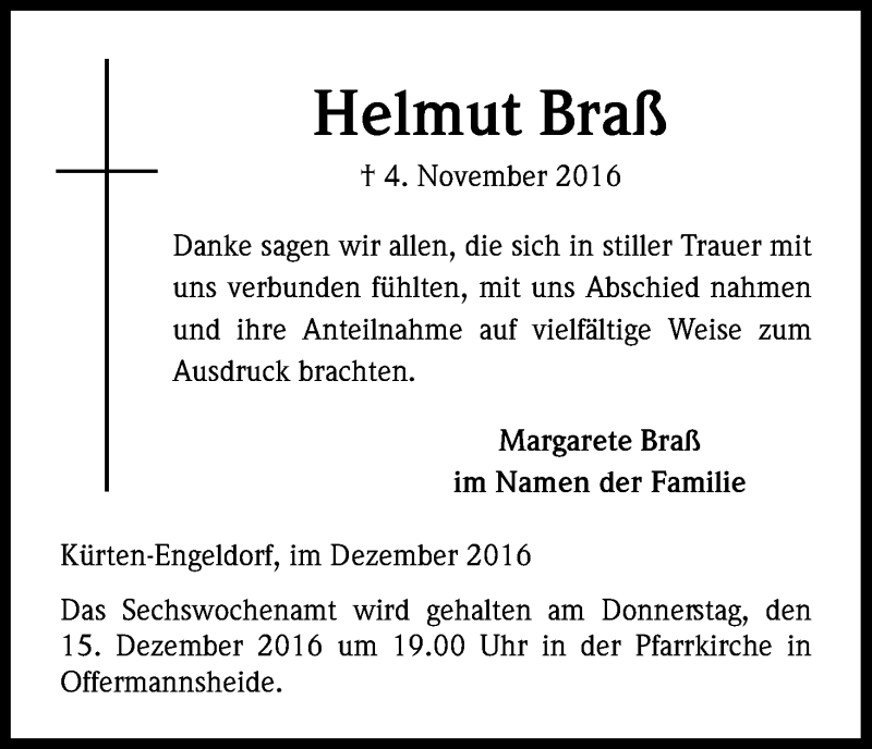  Traueranzeige für Helmut Braß vom 10.12.2016 aus Kölner Stadt-Anzeiger / Kölnische Rundschau / Express