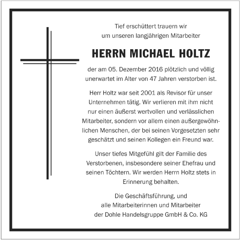  Traueranzeige für Michael Holtz vom 17.12.2016 aus  Rhein-Sieg-Wochenende 
