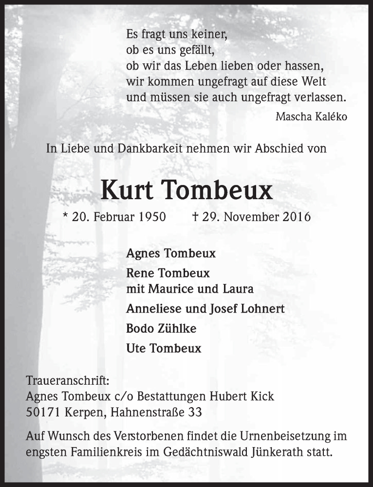  Traueranzeige für Kurt Tombeux vom 07.12.2016 aus  Werbepost 