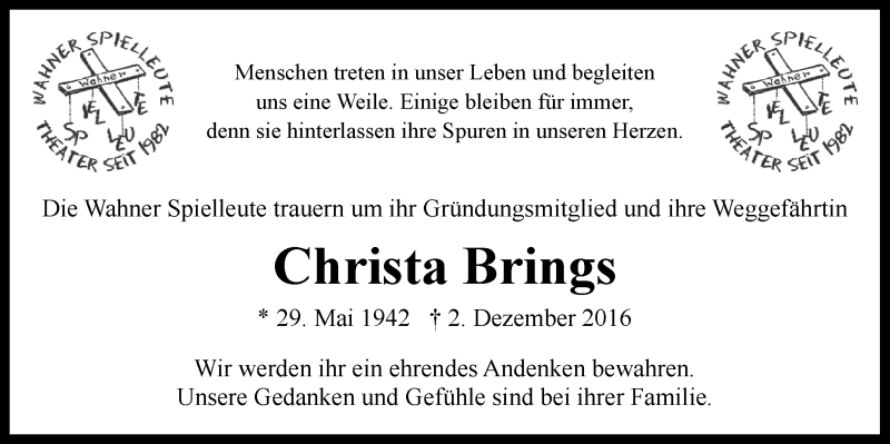  Traueranzeige für Christa Brings vom 21.12.2016 aus  Kölner Wochenspiegel 