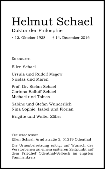 Anzeige von Helmut Schael von Kölner Stadt-Anzeiger / Kölnische Rundschau / Express